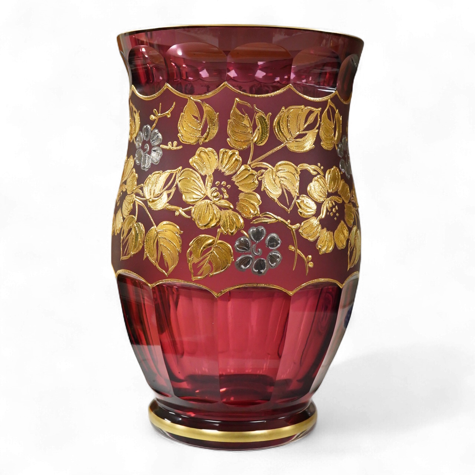 A Bohemian Czech gilded amethyst glass vase, 23cm high